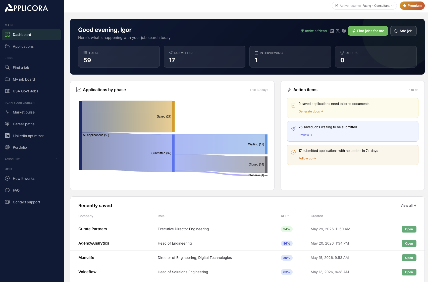Applicora dashboard with AI fit scores
