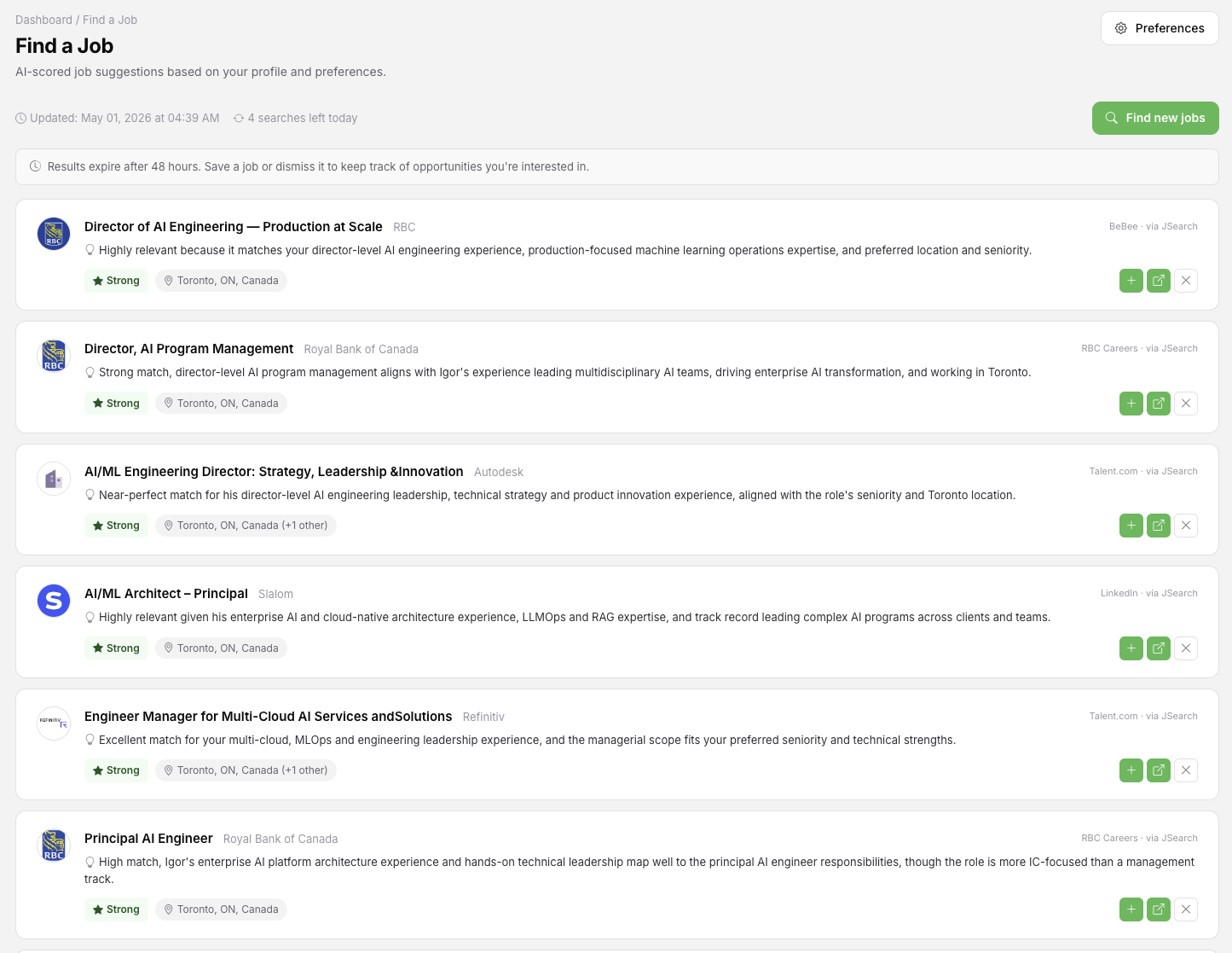 Job finder with matched roles