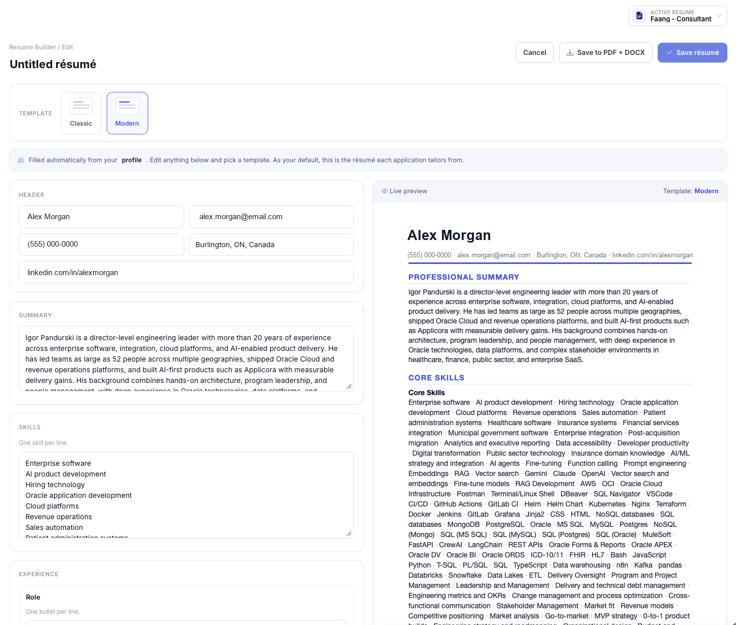 Applicora resume builder with live preview and templates
